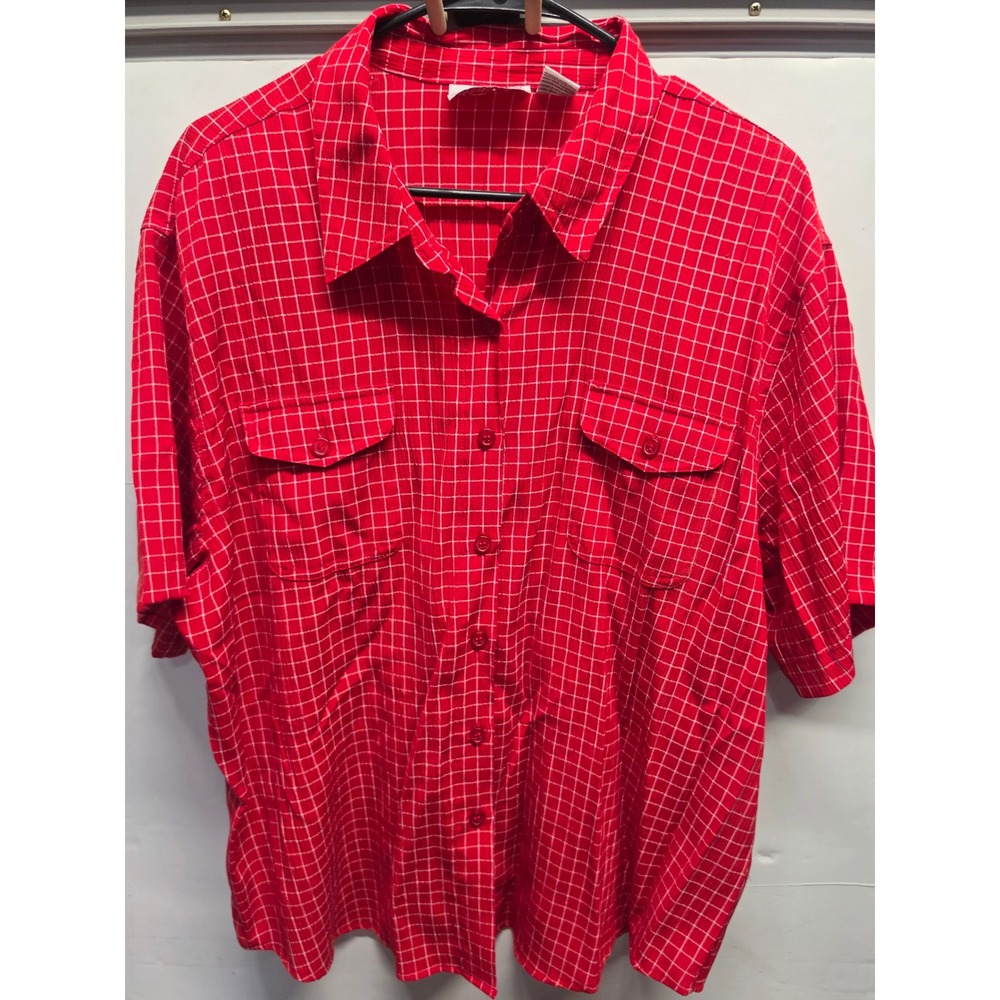 Joanna Plus Red White Grid Plaid Short Sleeve Button Down Shirt 2X Crinkle Top